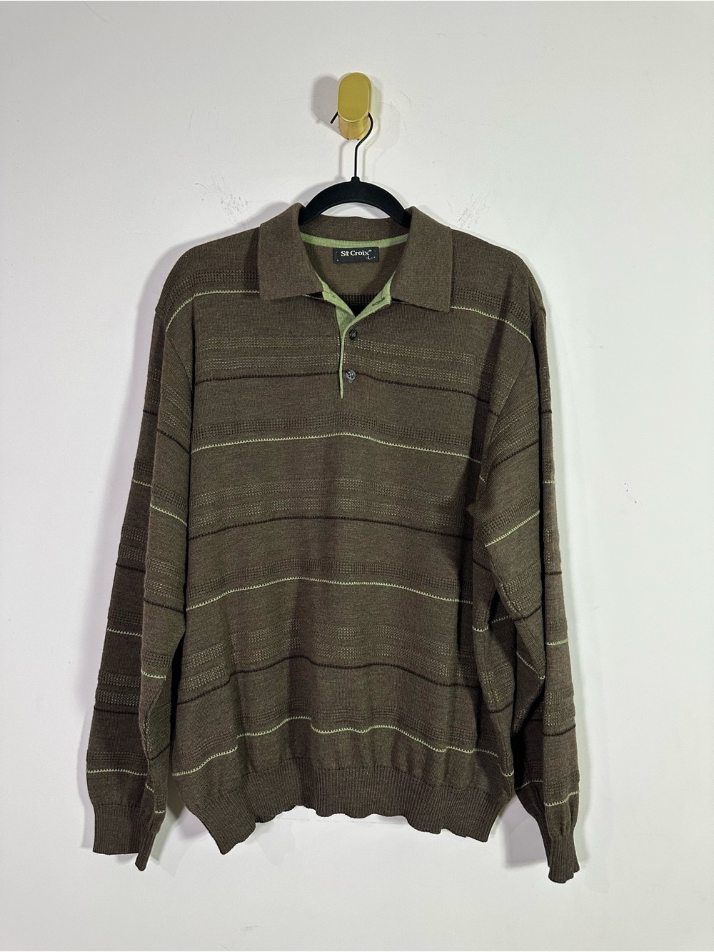 St. Croix Brown Green Striped Wool Blend Knit Long Sleeve Polo Top